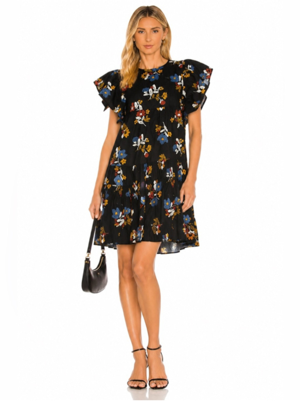 ZARA Floral Ruffle Sleeve Mini Dress | Size S Black Cotton Blend Babydoll Dress - Picture 10 of 10